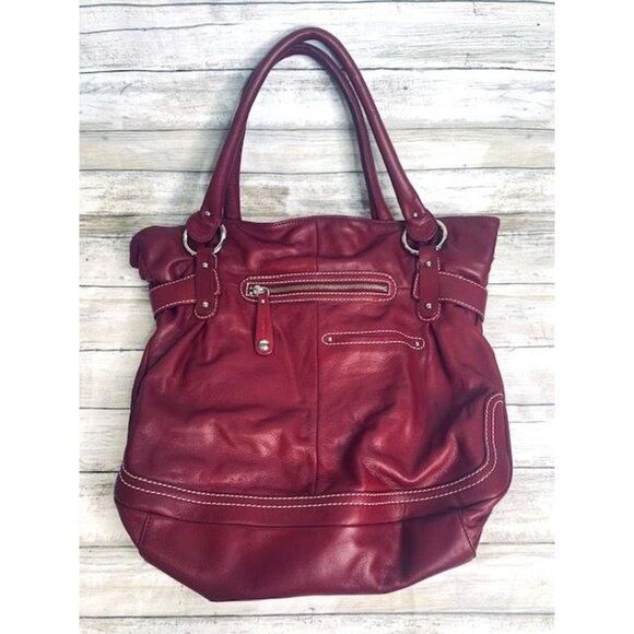 B. Makowsky Red / Purple Soft Leather Tote Bag with Leopard Lining & Zip Pockets - Picture 2 of 11